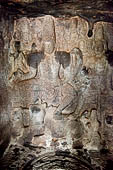 Mamallapuram - Tamil Nadu. the Mahishamardhini cave. The panel with Shiva and the child Murugan seated on Parvati s lap.